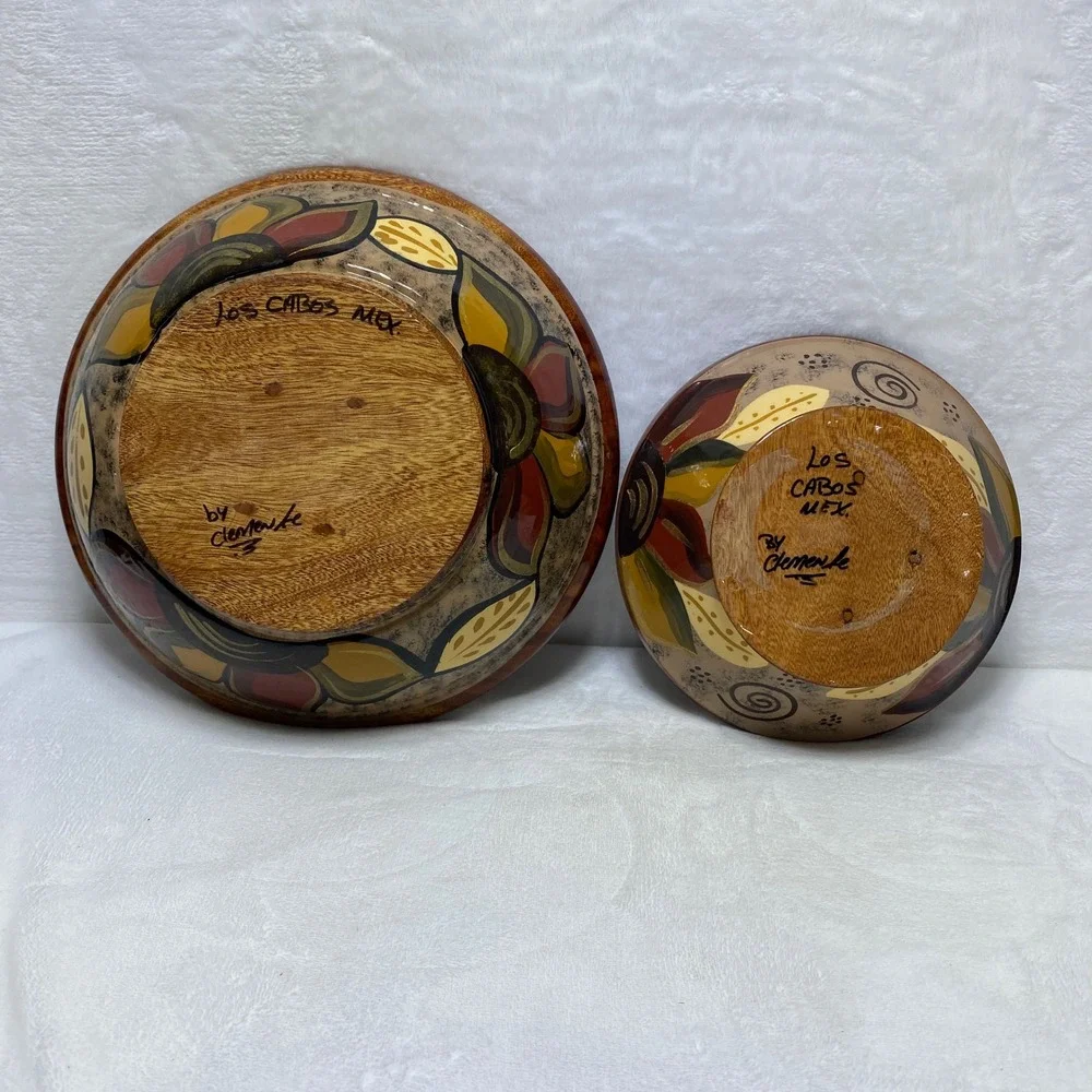 Clemente Los Cabos Wooden Bowl Set Hand Painted Floral Home Decor Colorful Bowls